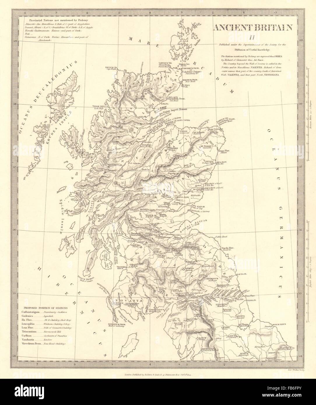 ANCIENT BRITAIN:Caledonia-Scotland:Roman road town names.Ptolemy.SDUK, 1848 map Stock Photo