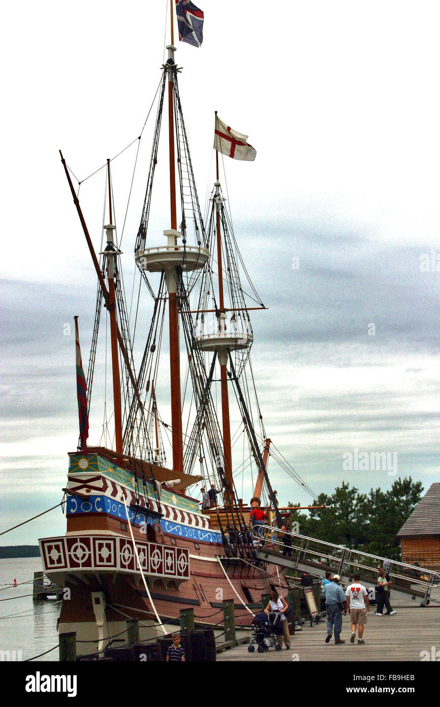 A replica of an early English sailing ship that carried passengers to the new world settlement at Jamestown Virginia in 1607 Stock Photo