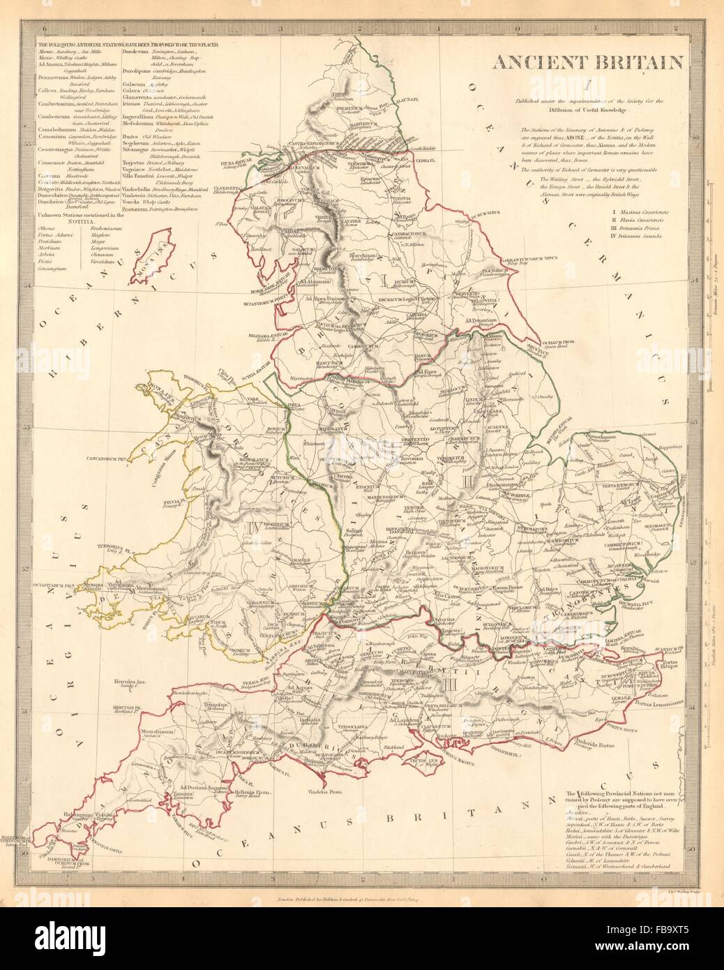 ANCIENT BRITAIN. England & Wales. Roman road town names. Ptolemy SDUK, 1844 map Stock Photo