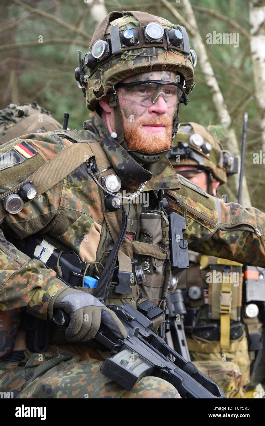 Light Infantry soldier of 3rd Company, 1st Infantry Battalion during a force on force training exercise at the German Army Combat Training Center. Stock Photo