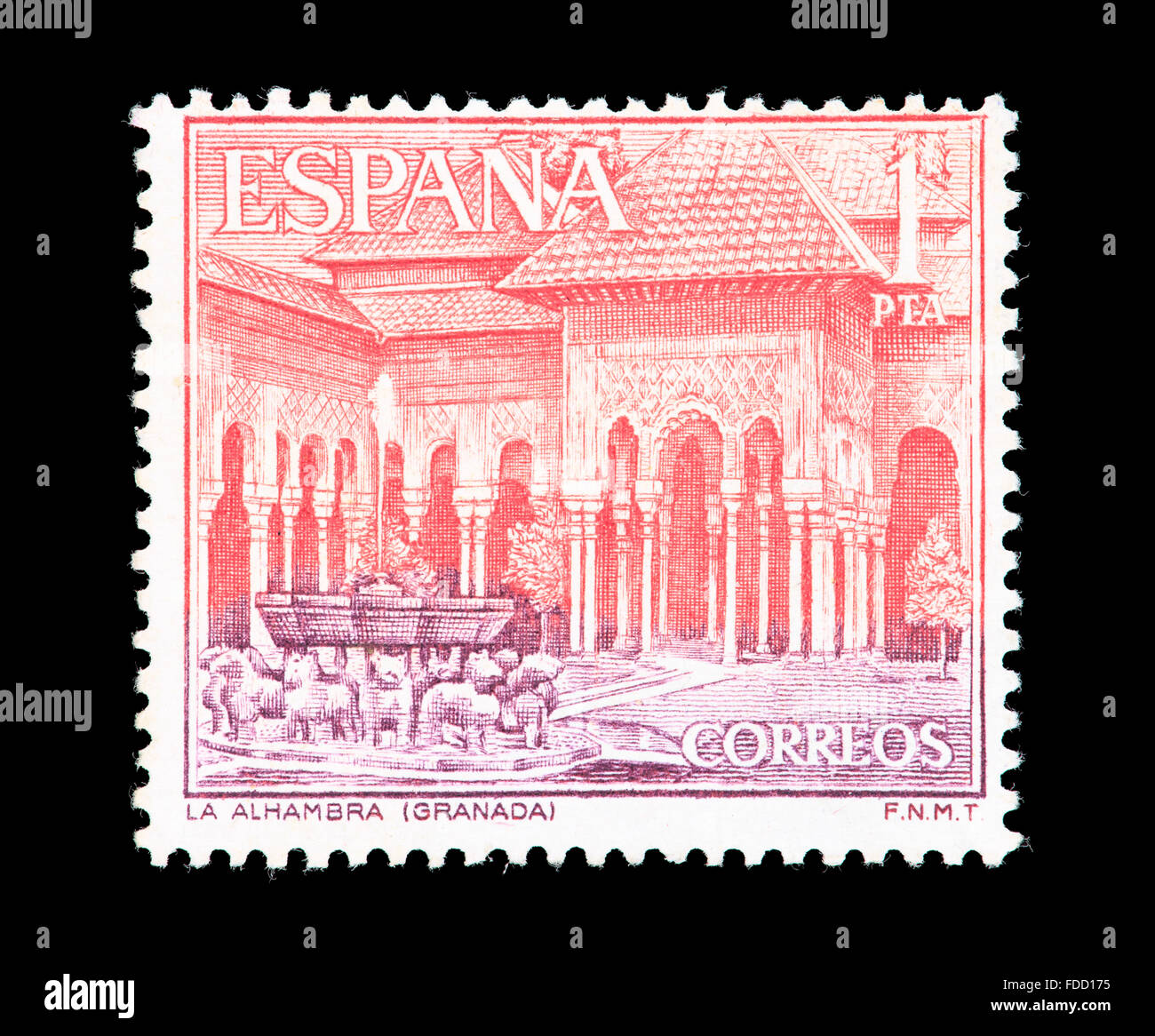 Postage stamp from Spain depicting the Court of the LIons, Alhambra, Granada. Stock Photo