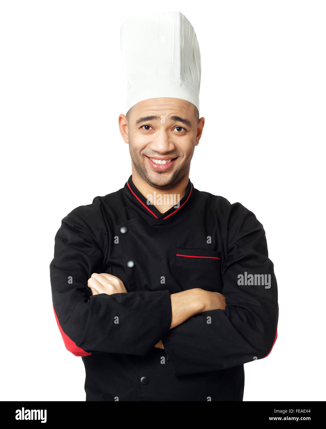 Portrait of happy Afro American professional cook isolated on white. Stock Photo