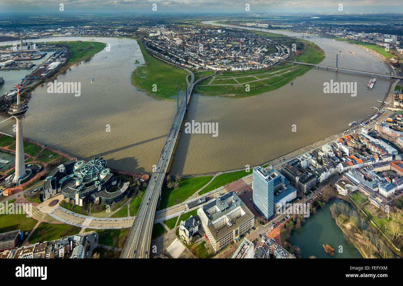 Aerial view, the Rhine flood in Dusseldorf at the Rheinkniebrücke, flood, flooded Rheinwiesen bank, Dusseldorf, Rhineland, Stock Photo