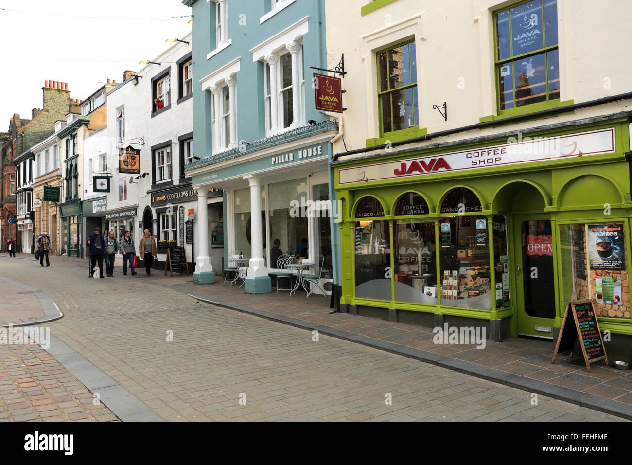 People along the main street of Keswick town, Lake District National Park, Cumbria County, England, UK Stock Photo