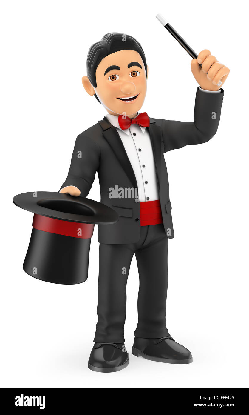 3d bow tie people. Magician with hat and wand. Isolated white background. Stock Photo