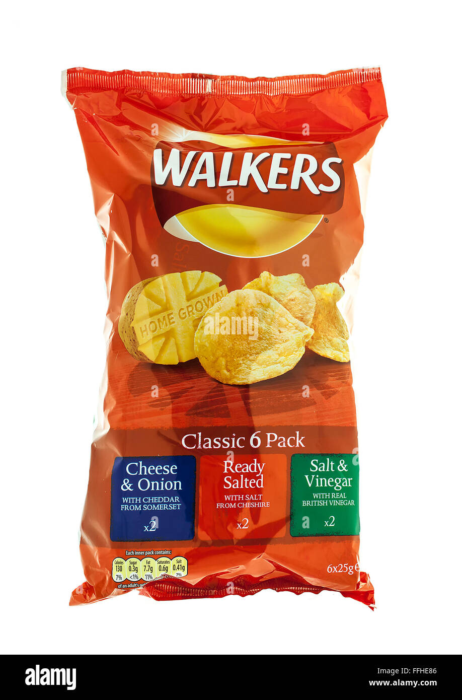 Walkers crisps  classic six pack isolated on a white background. Walkers is a British snack food Stock Photo