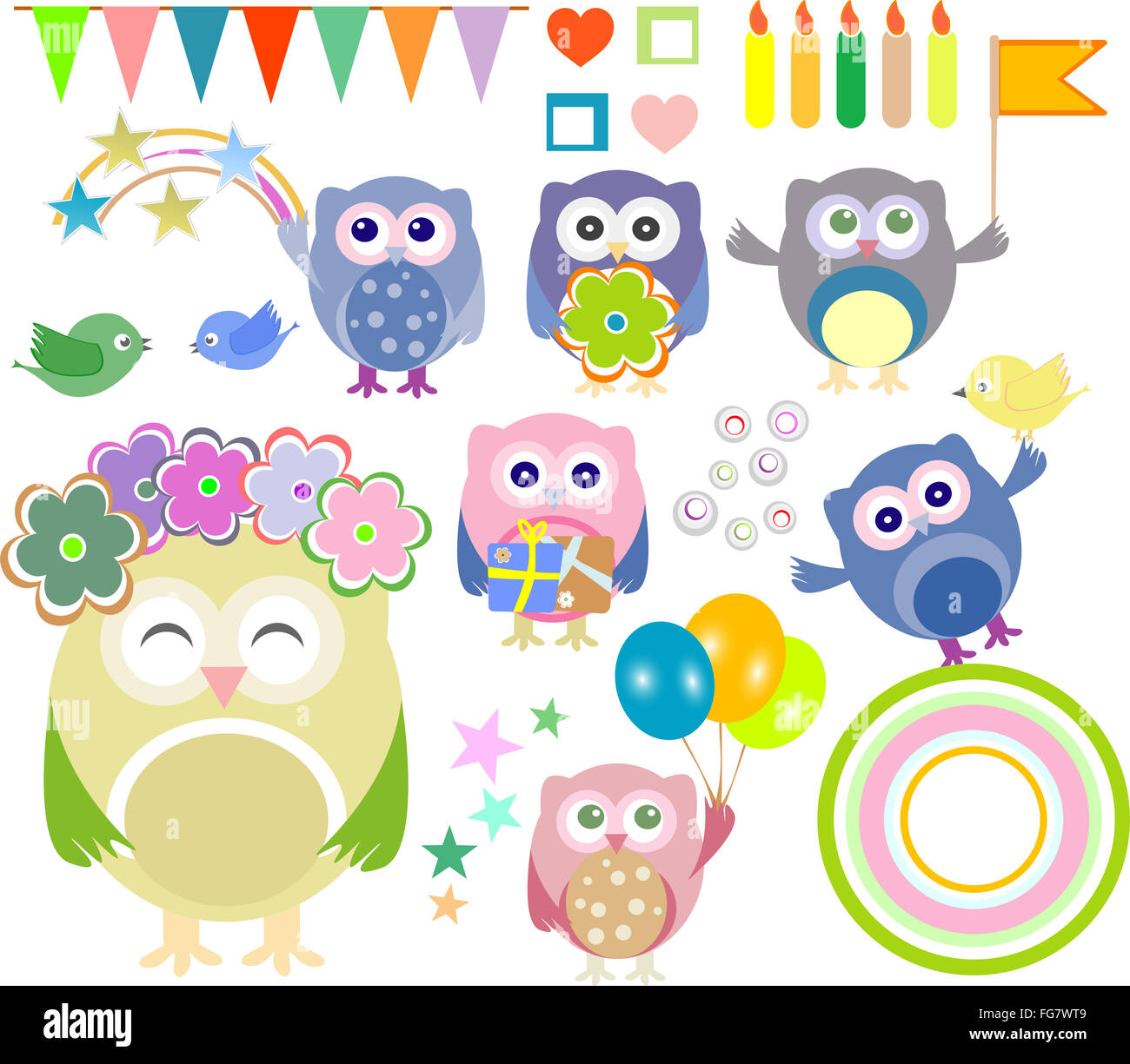 Set of vector birthday party elements with cute owls Stock Photo