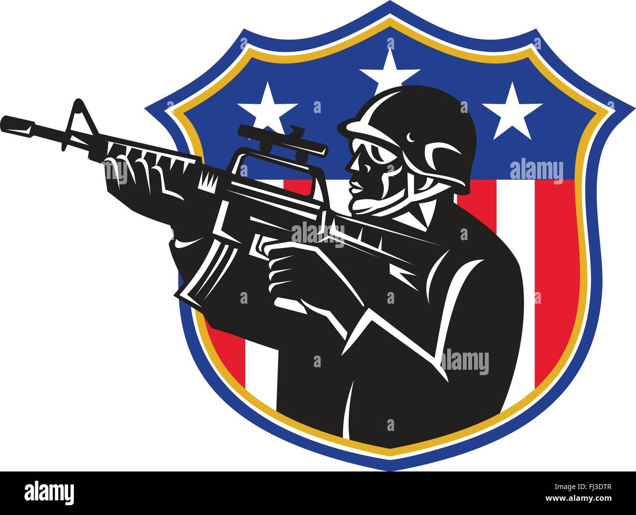 vector illustration of an american soldier swat policeman with m4 carbine rifle set inside shield with stars and stripes. Stock Vector