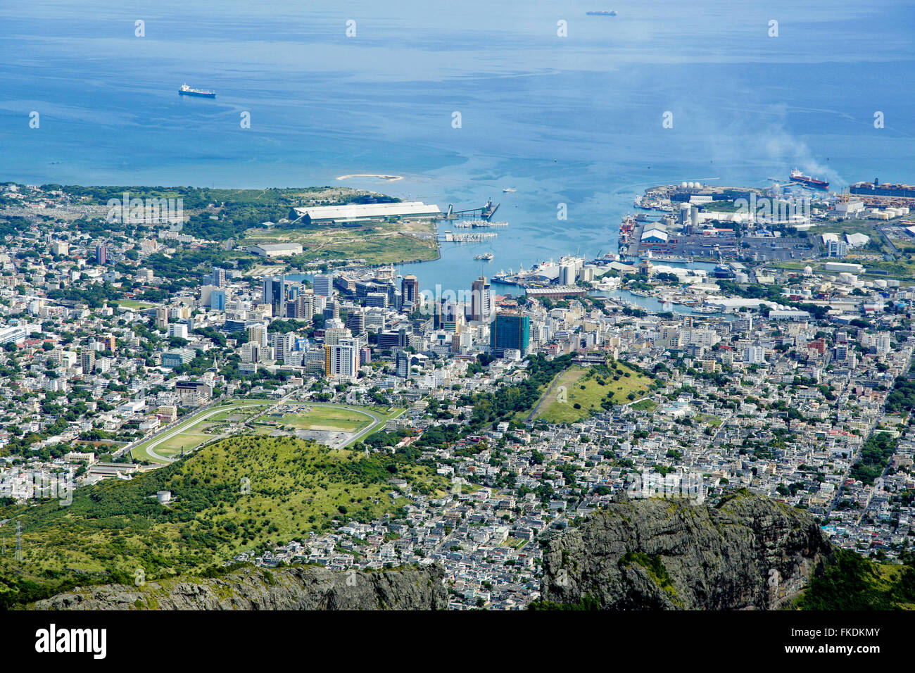 Port Louis Mauritius city skyline over blue sky Stock Photo