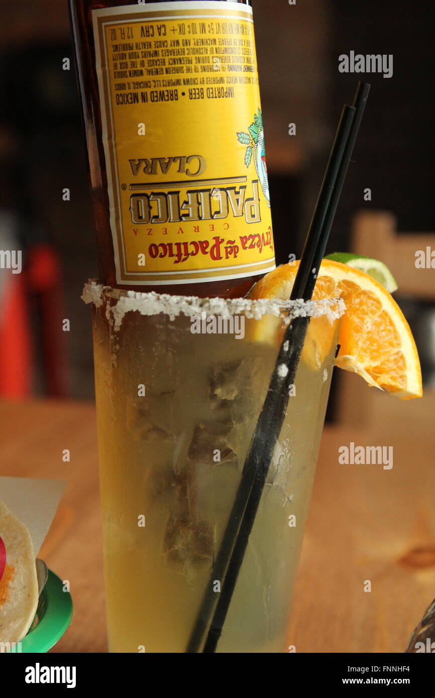 Frosted beerita in a mexican-style restaurant. Stock Photo