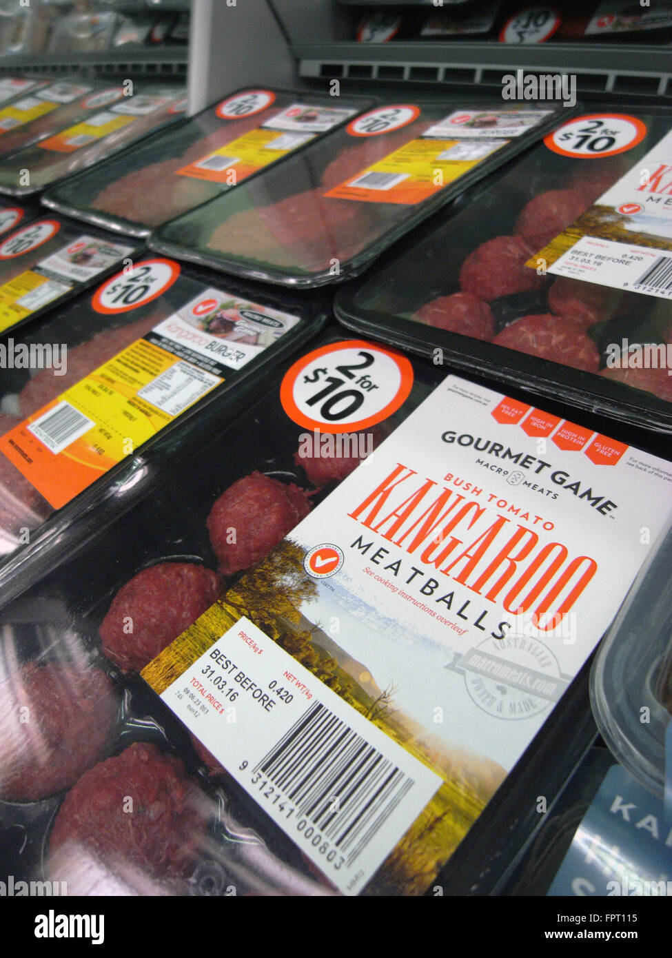 Kangaroo meat products (meatballs, burgers) for sale in supermarket, Western Australia. No PR Stock Photo