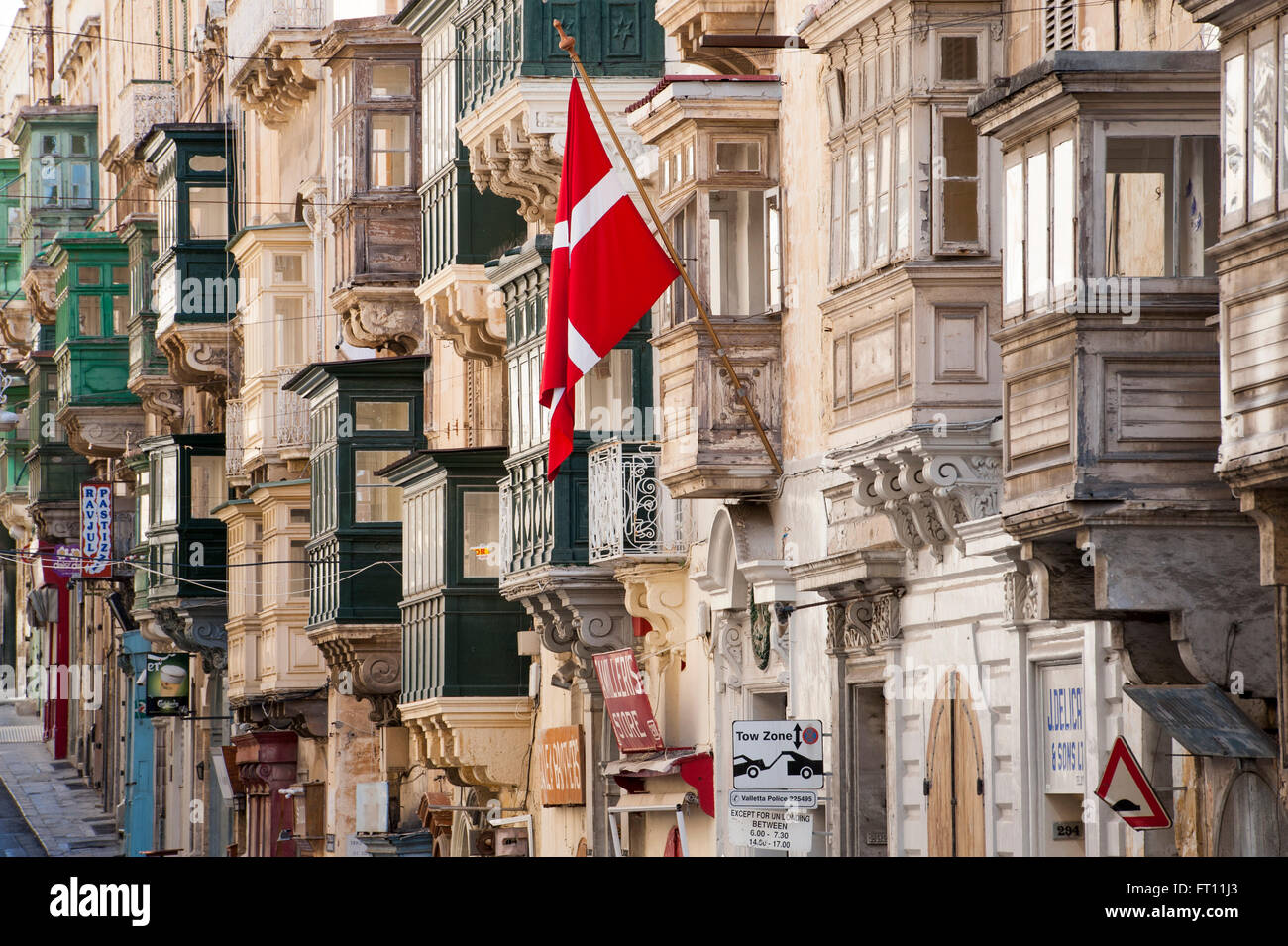 Buildings with balconies in old town, Valletta, Malta Stock Photo