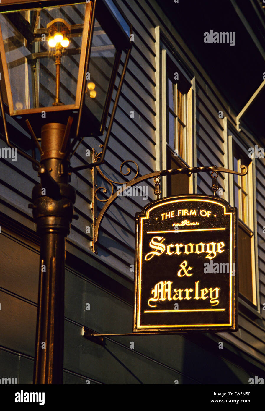 Scrooge and Marley shop sign, Boston, Mass. USA. Stock Photo