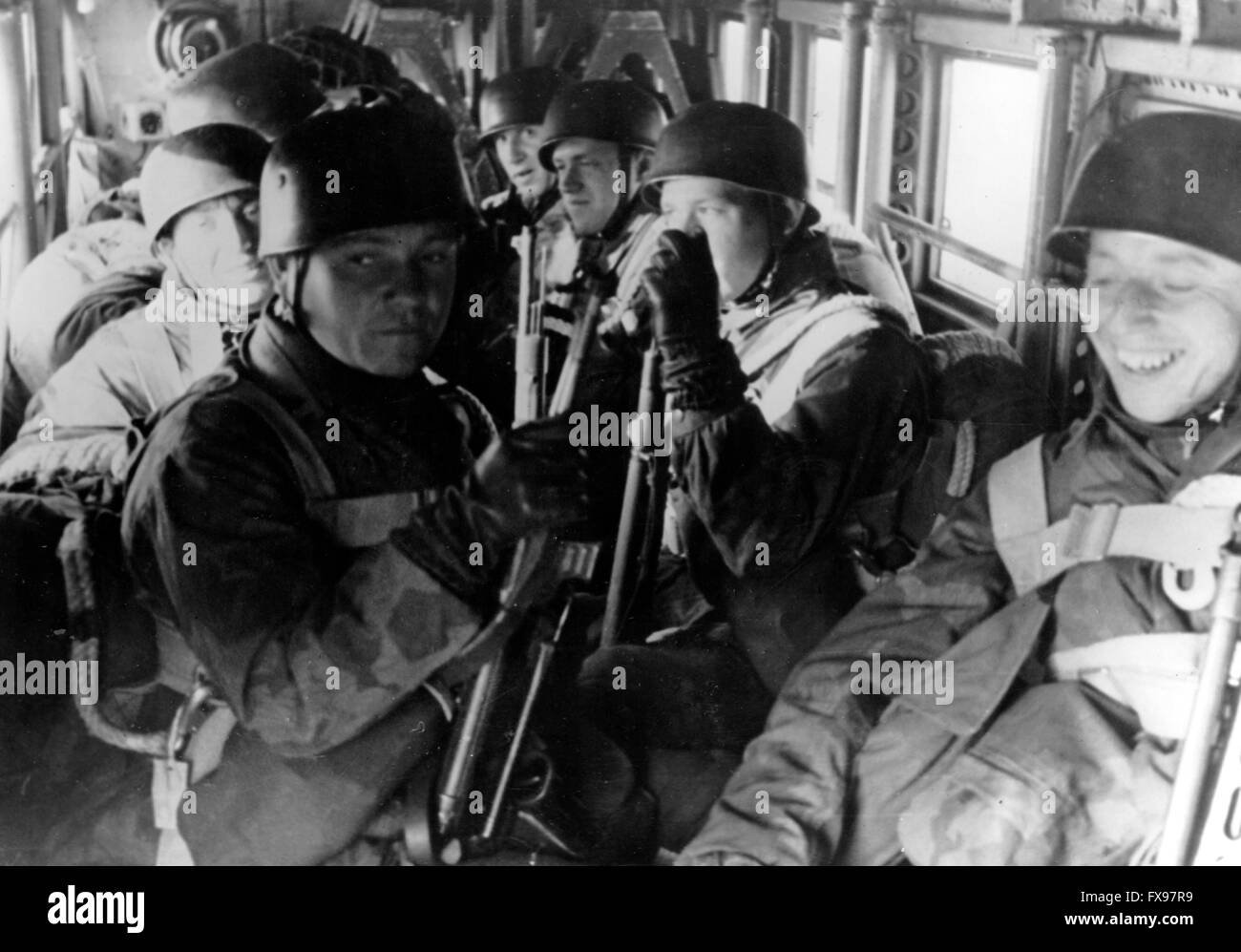 The Nazi propaganda picture shows members of the 500th SS-Parachute Battalion before the jump in the city Drvar in Yugoslavia. The photo was taken at the end of May/beginning of June 1944. The goal of the so called 'Operation Roesselsprung' was the destruction of the superior headquarter of the Yugoslav Partisans and the capture of its leader Josip Broz Tito. Fotoarchiv für Zeitgeschichtee - NO WIRE SERVICE – Stock Photo