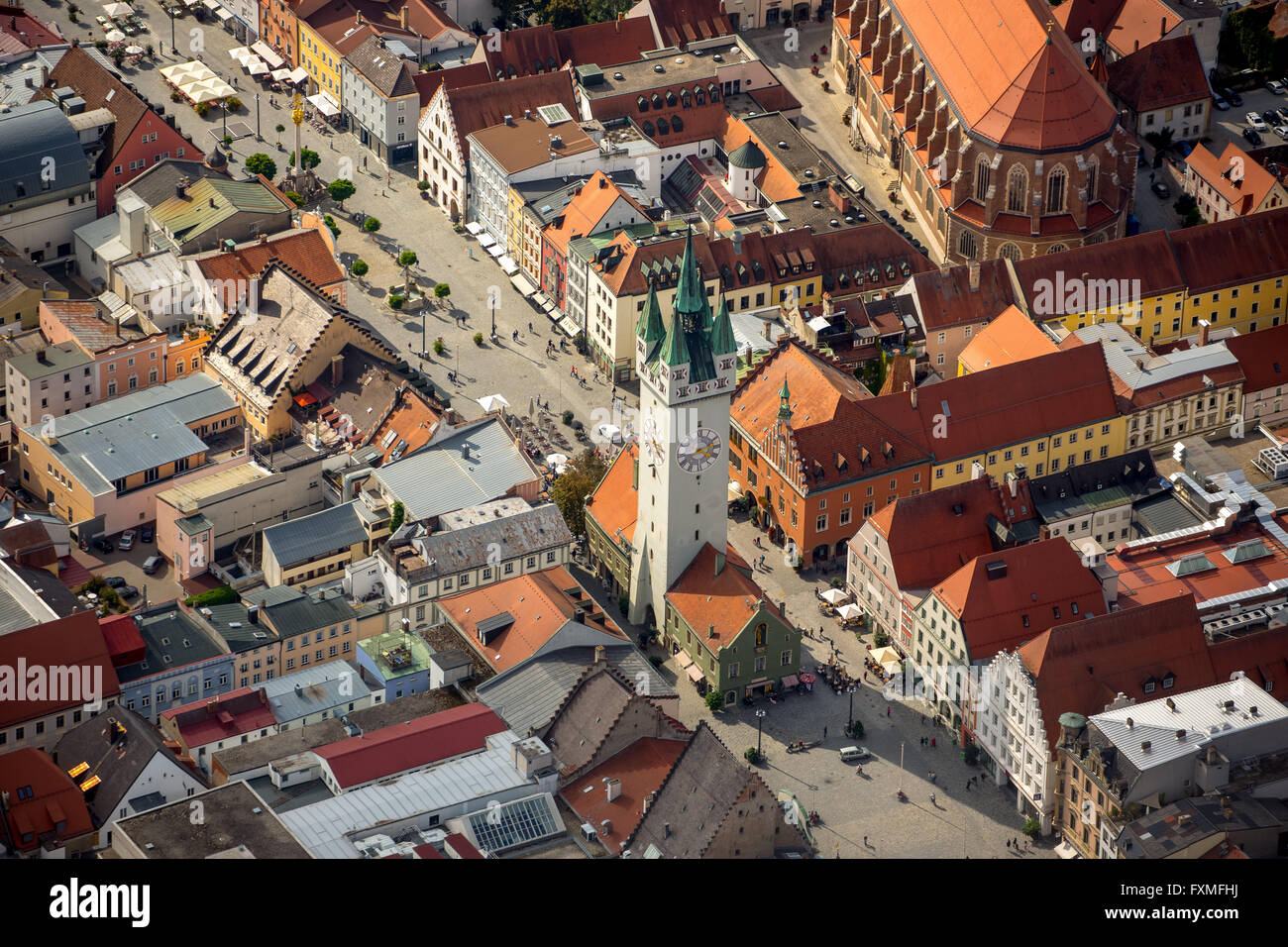 Aerial view, City Tower at Theresienplatz Straubing, Eastern Bavaria, Bavaria, Germany, Europe, Aerial view, birds-eyes view, Stock Photo