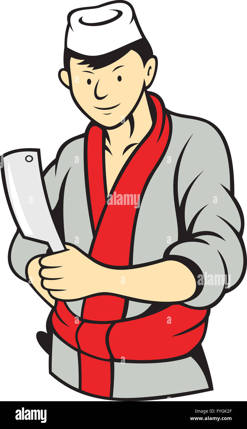 Japanese Butcher Holding Meat Cleaver Knife Stock Photo