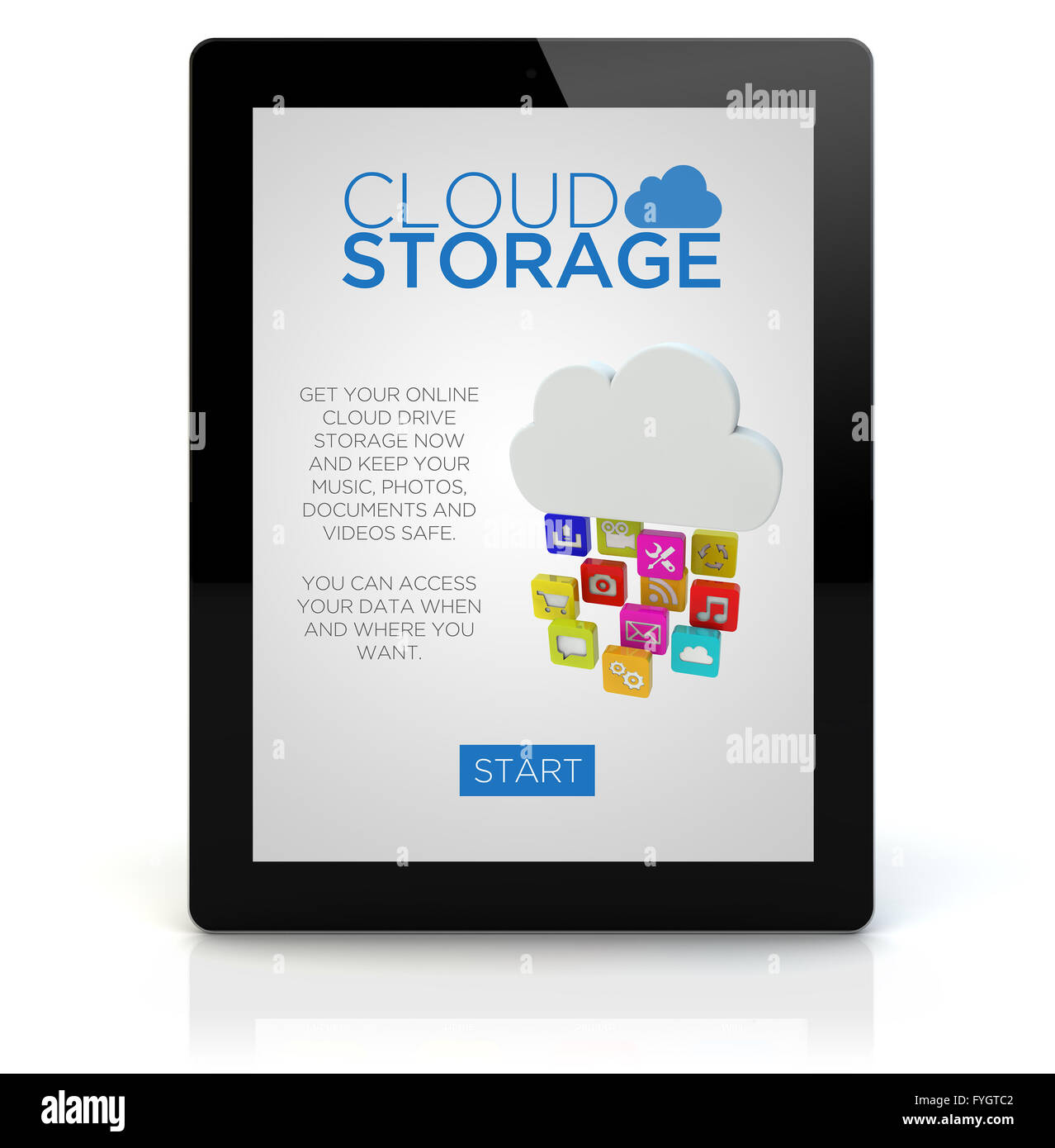 online drive storage concept: render of a tablet pc with  cloud storage on the screen. Screen graphics are made up. Stock Photo