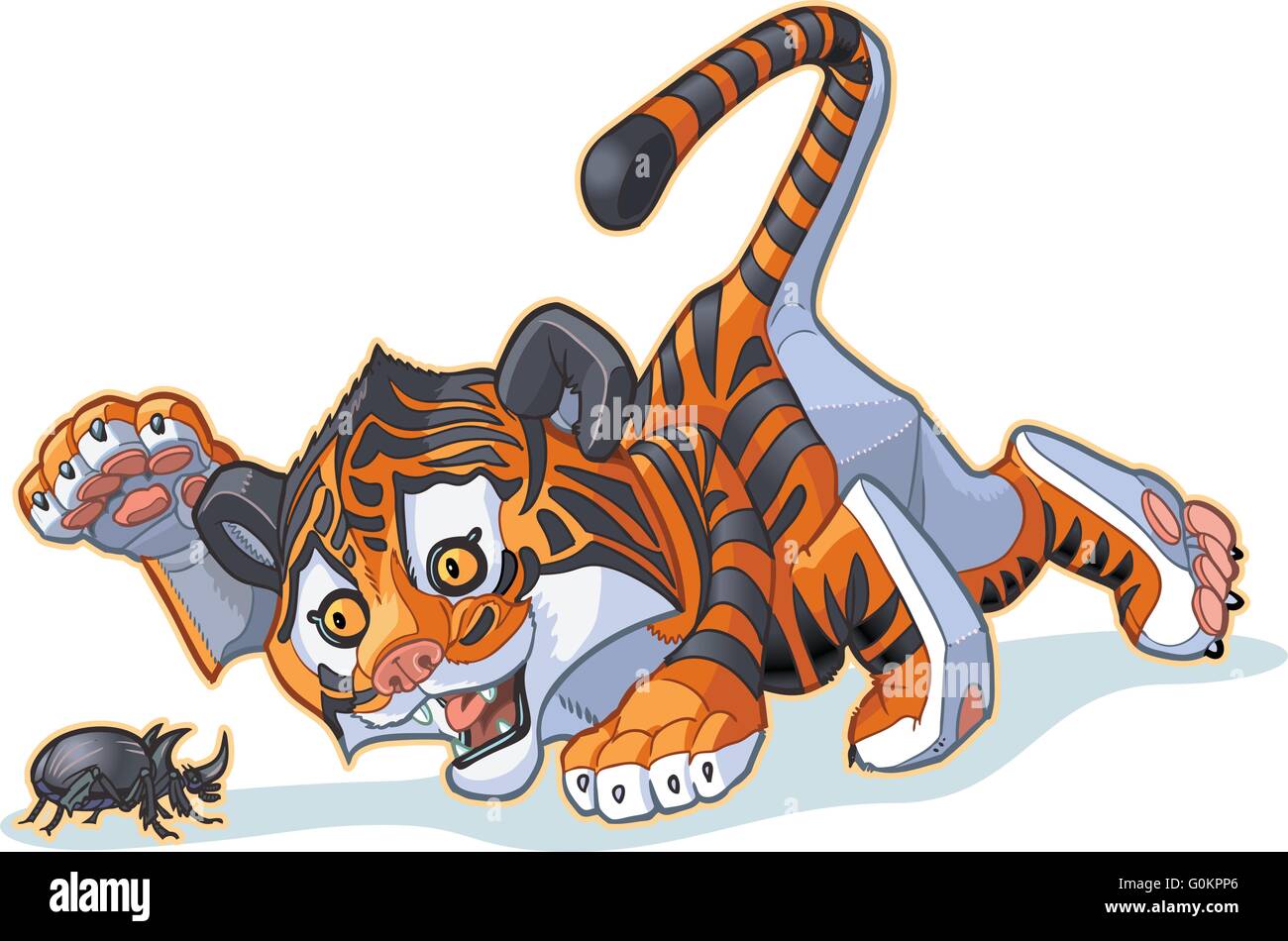 Vector Cartoon Clip Art Illustration of a Cute Tiger Cub Playing with a Rhinoceros Beetle. Stock Vector