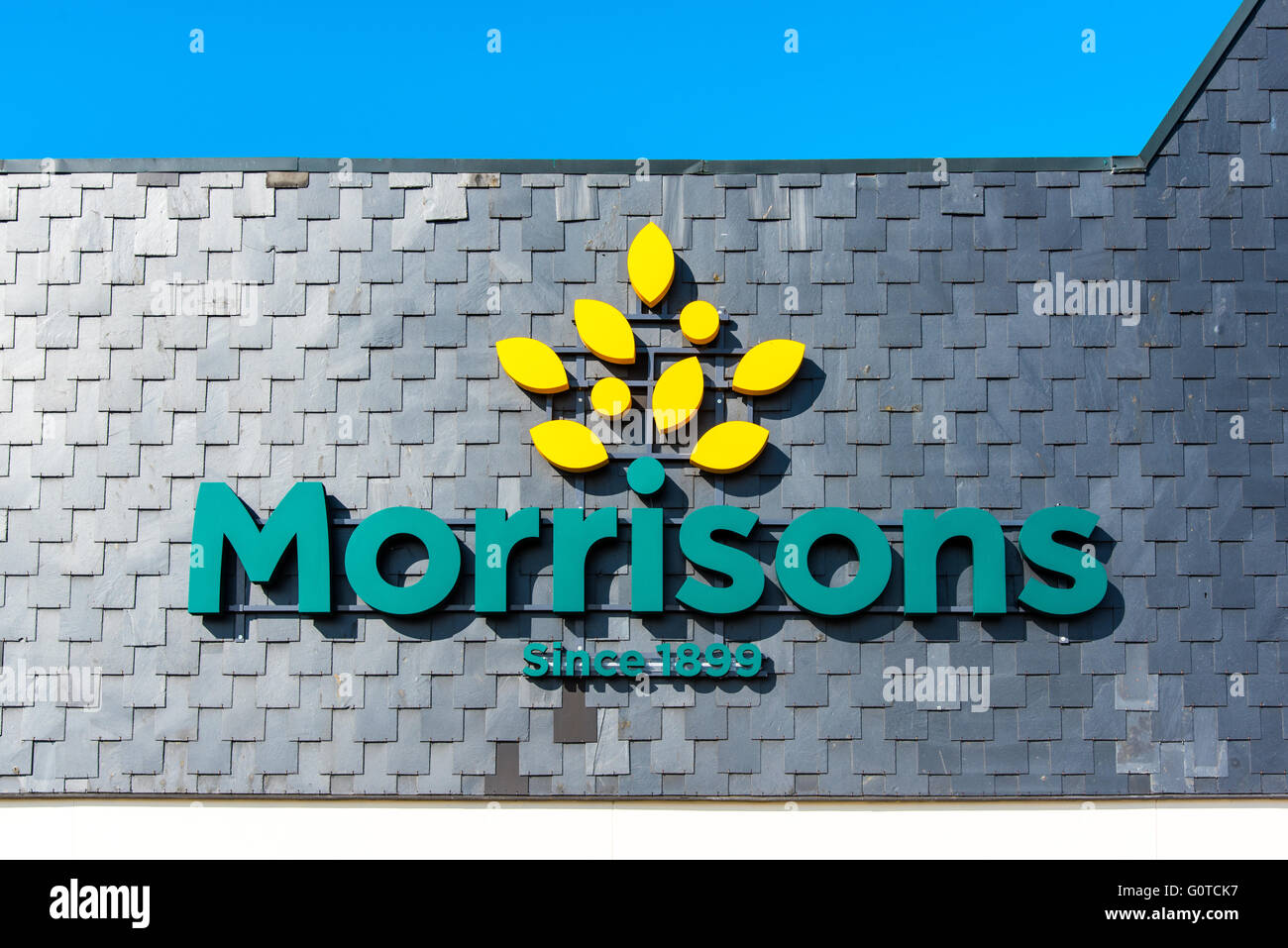 New Morrisons signage and logo.  Morrisons supermarket, Herne Bay, Kent. Stock Photo