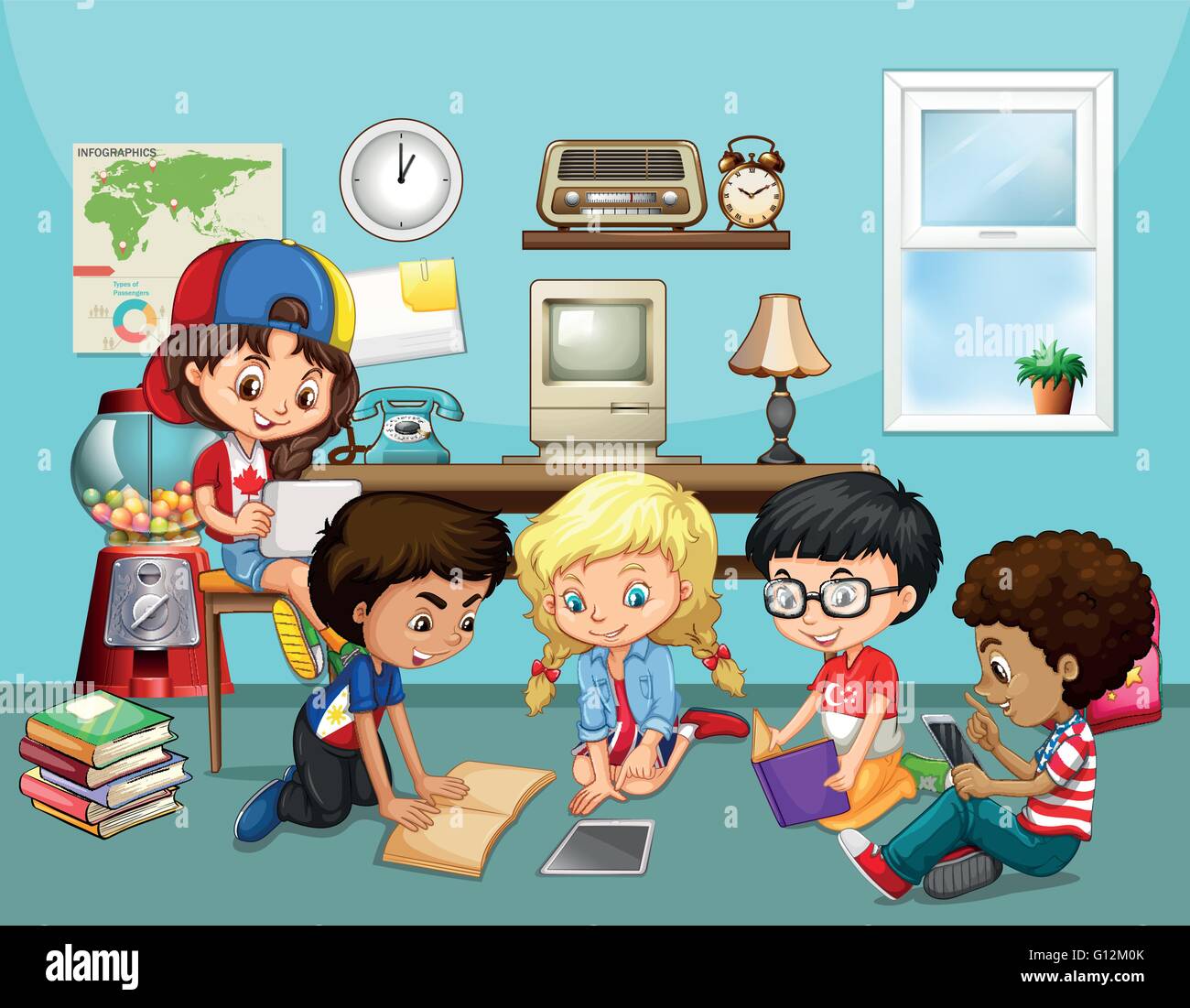 Many children working in classroom illustration Stock Vector