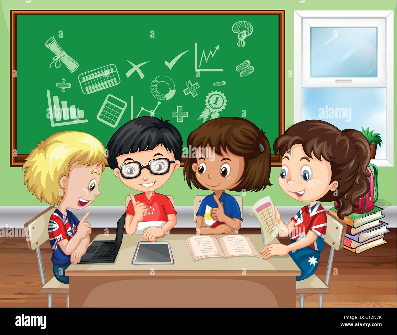 Children working in group in the classroom illustration Stock Vector