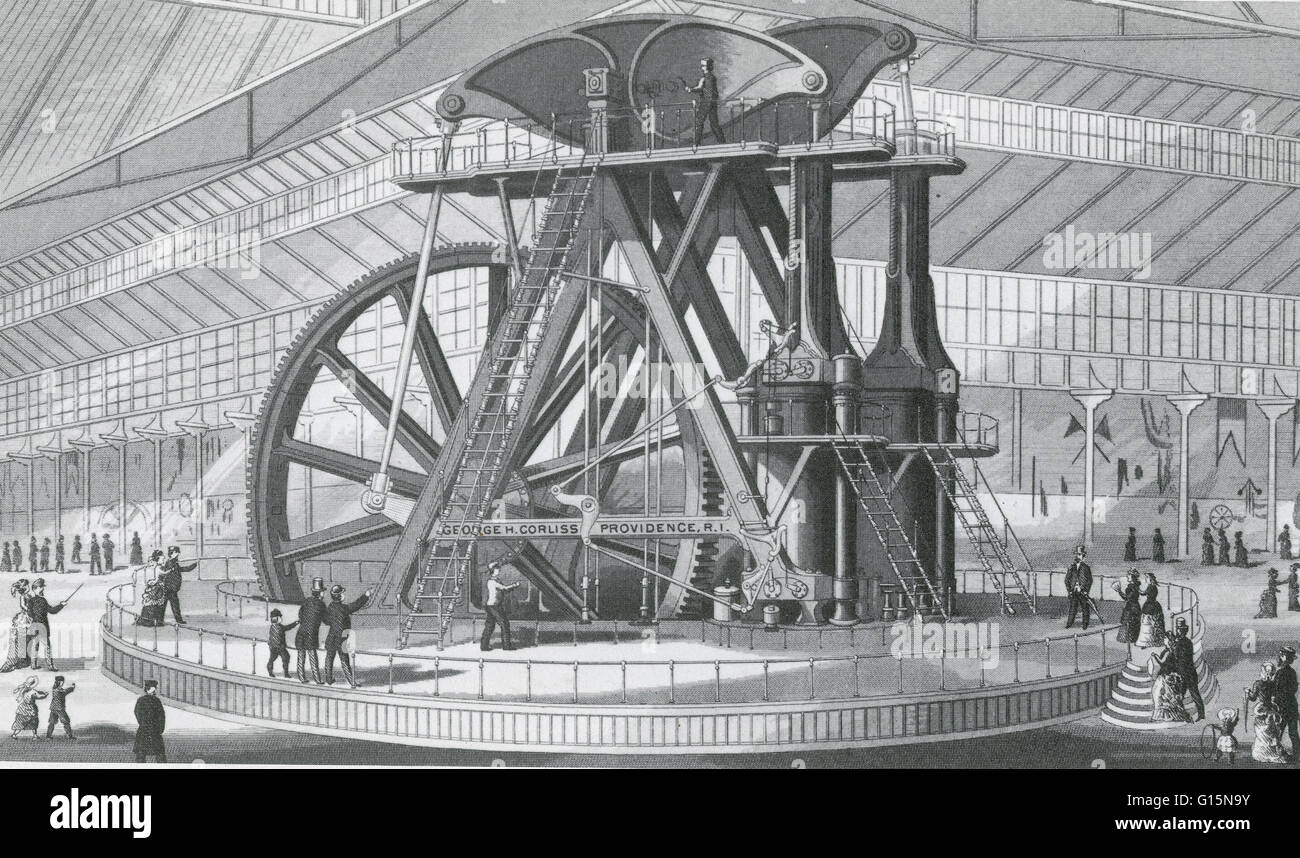 The Corliss Centennial Engine was an all-inclusive, specially built rotative beam engine that powered virtually all of the exhibits at the Centennial Exposition in Philadelphia in 1876 through shafts totaling over a mile in length. Switched on by Presiden Stock Photo