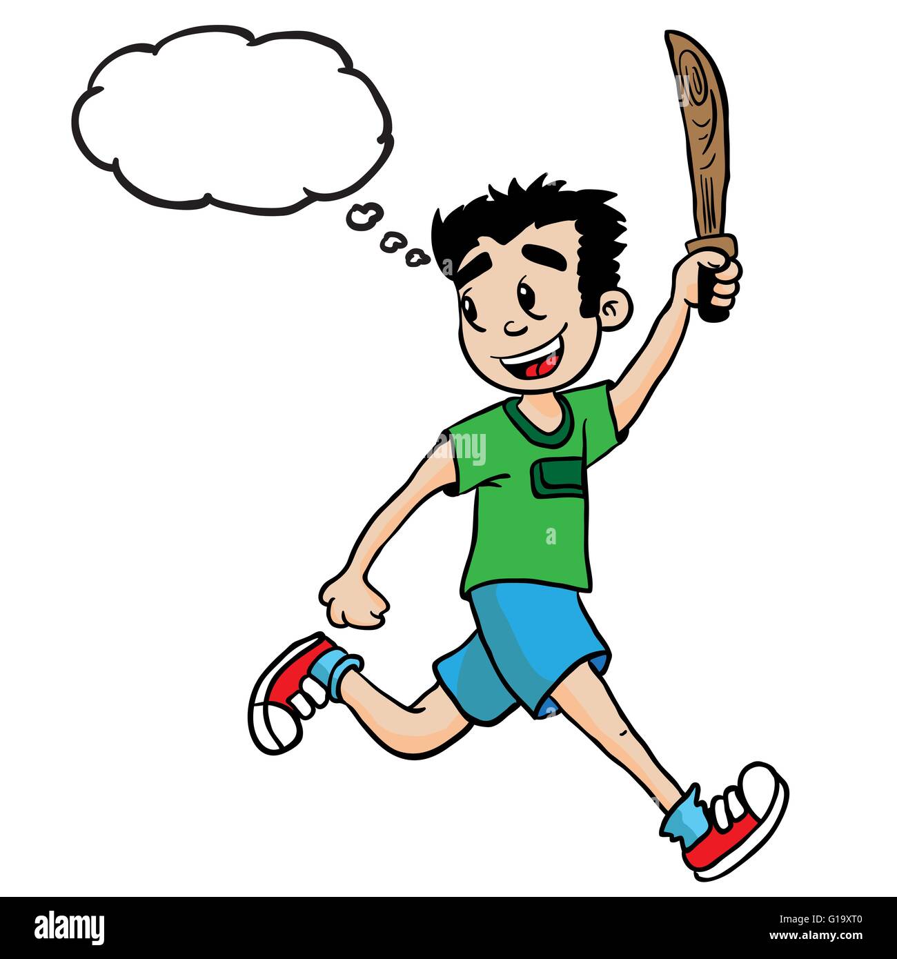 boy with wooden sword  and thought bubble cartoon Stock Vector