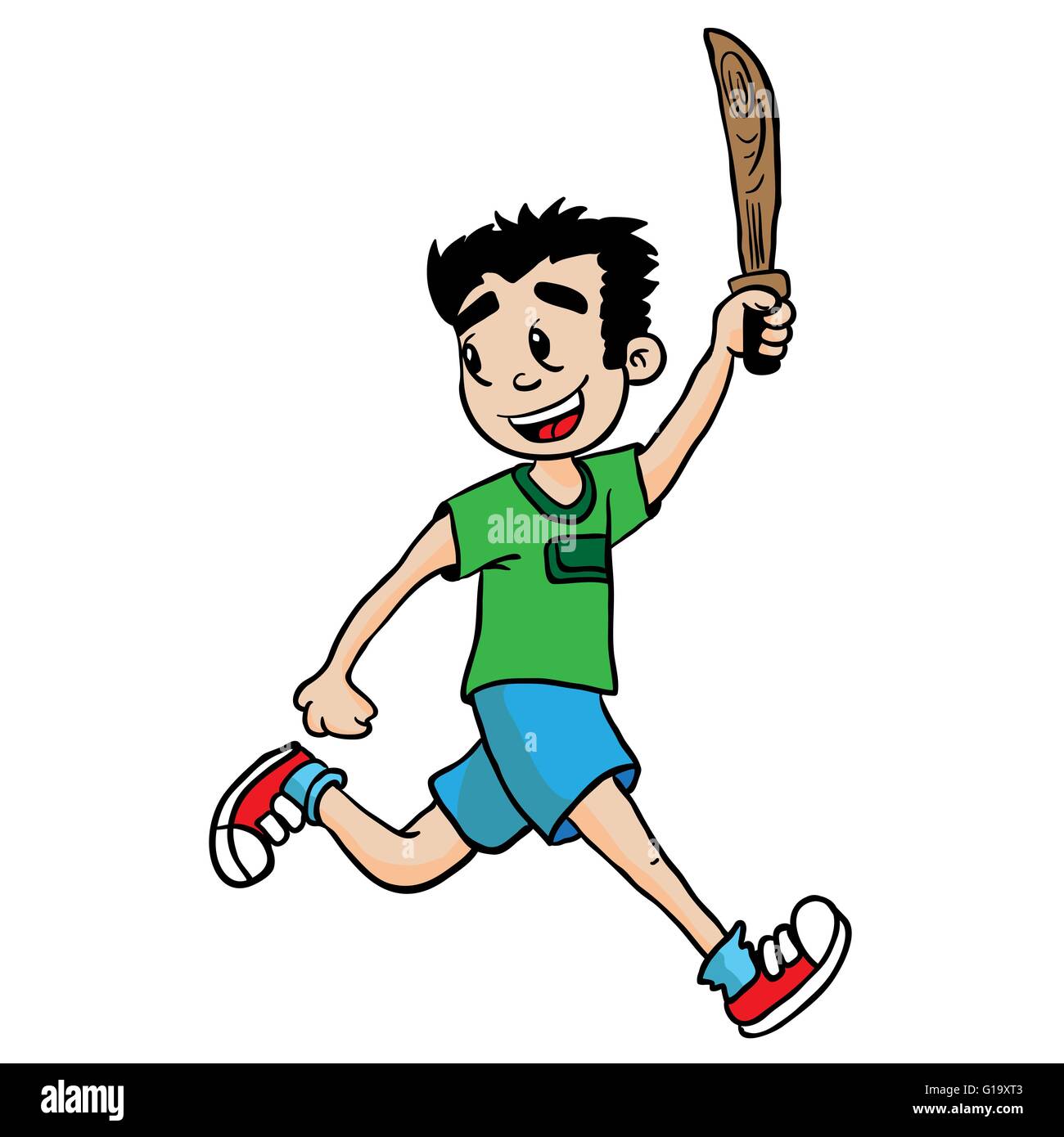 boy with wooden sword running cartoon illustration isolated on white Stock Vector