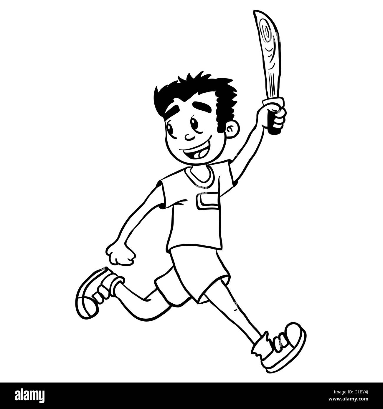 simple black and white boy with wooden sword cartoon Stock Vector