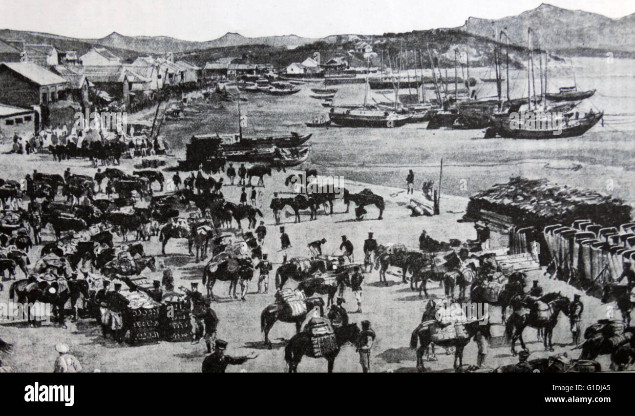 Japanese forces land at Chemulpo, Korea, captured by the Japanese army from Chinese force; during the Sino-Japanese War, October 1894 Stock Photo