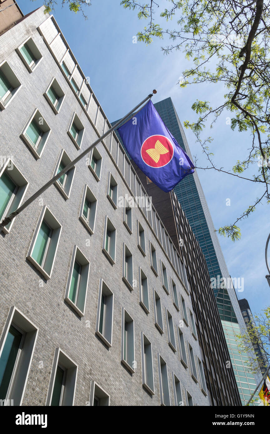 ASEAN Flag on Building Facades, First Avenue, NYC Stock Photo