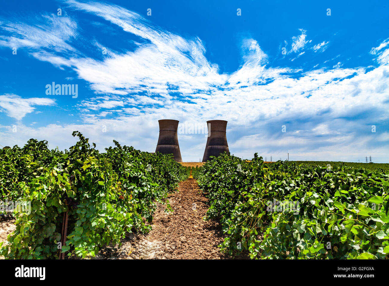 Cooling towers for the Rancho Seco nuclear power plant near Sacramento California Stock Photo