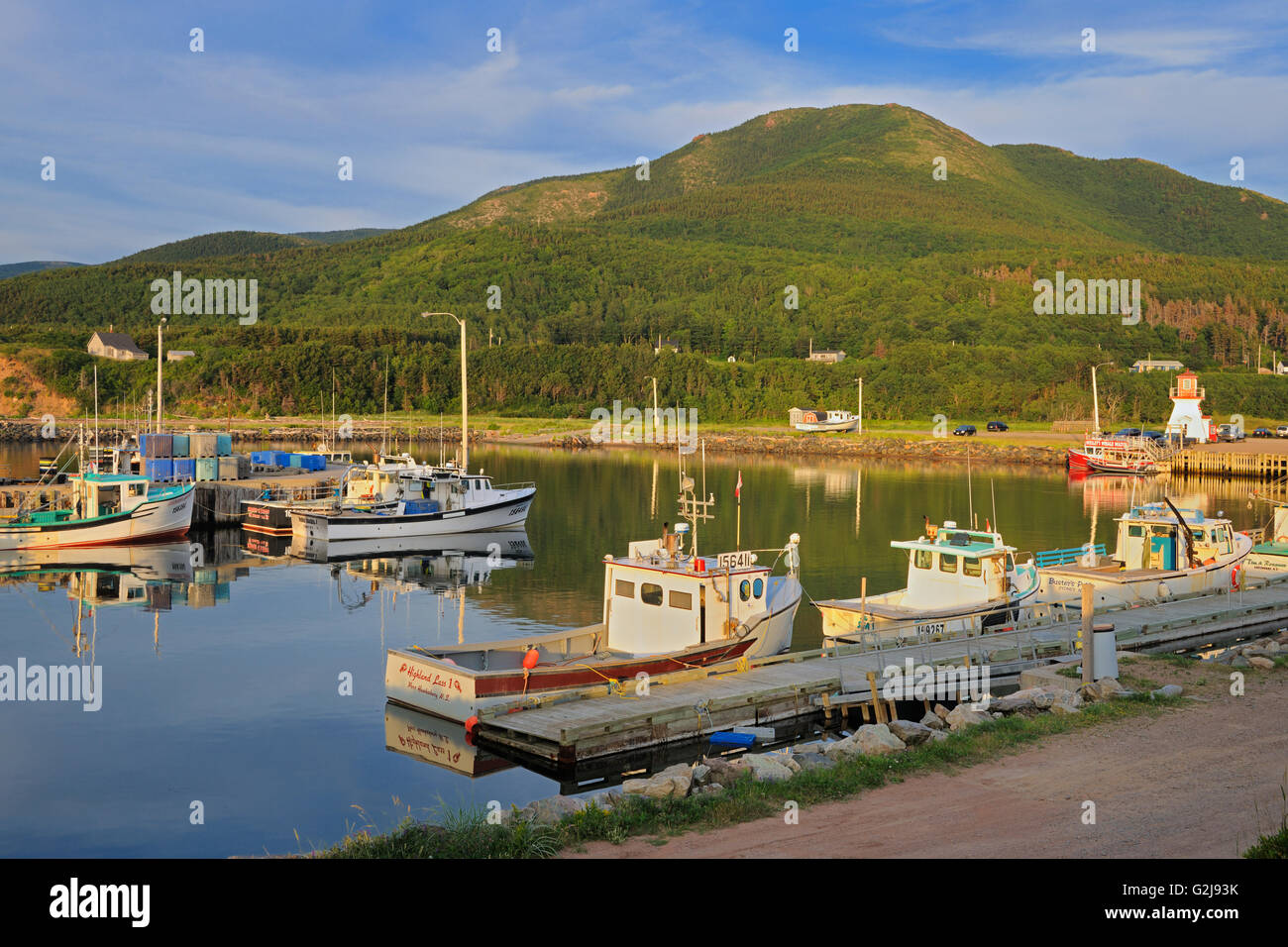 Fishing boats on Cape Breton Pleasant Bay Nova Scotia Canada Stock Photo