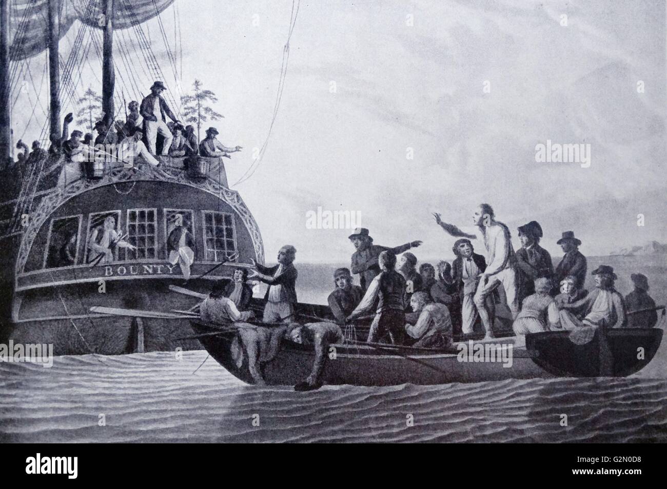 Captain Bligh and loyal crew members turned adrift from the Bounty 1790 (by Robert Dodd) Stock Photo