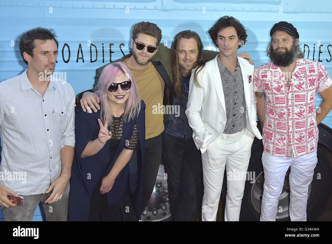 Kenny Hensley, Josiah Johnson, Charity Rose Thielen, Tyler Williams, Jonathan Russell and Chris Zasche (The Head and the Heart) attend the premiere for Showtime's 'Roadies' at Theatre at Ace Hotel on June 06, 2016 in Los Angeles, California. | Verwendung weltweit Stock Photo