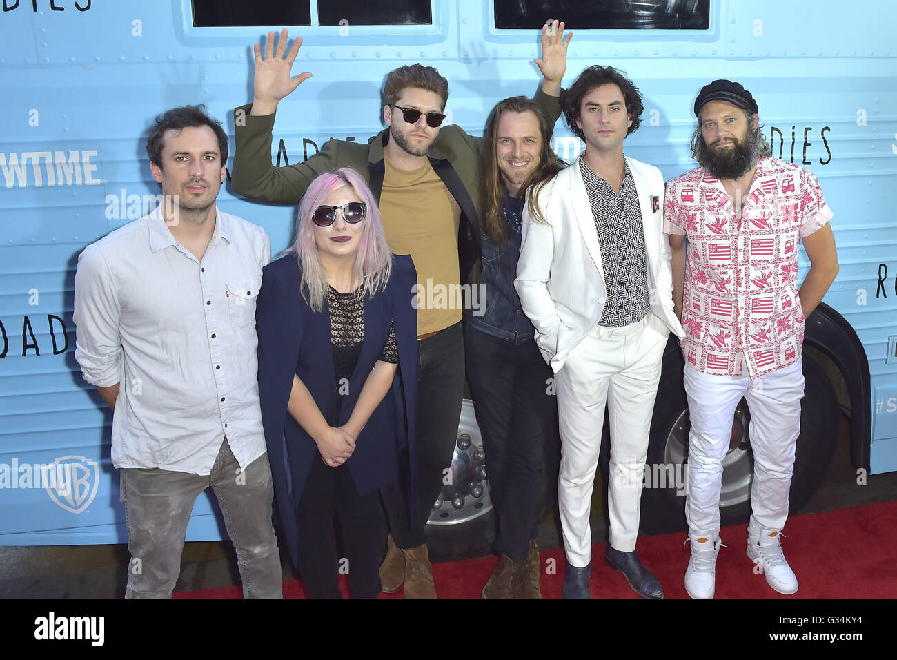 Kenny Hensley, Josiah Johnson, Charity Rose Thielen, Tyler Williams, Jonathan Russell and Chris Zasche (The Head and the Heart) attend the premiere for Showtime's 'Roadies' at Theatre at Ace Hotel on June 06, 2016 in Los Angeles, California. | Verwendung weltweit Stock Photo