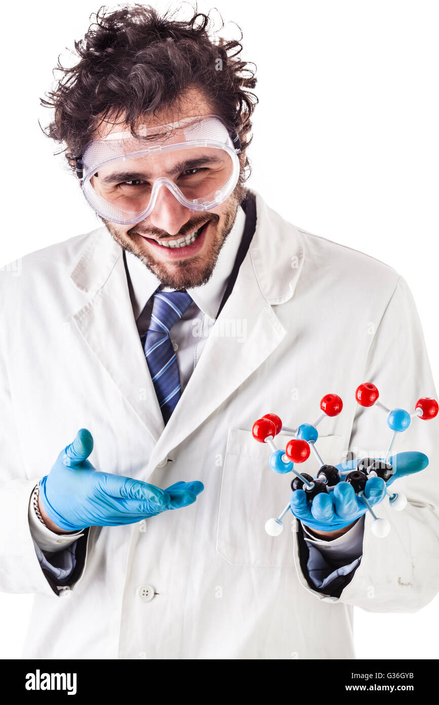 a doctor or researcher with a white lab coat holding a trinitrotoluene tnt molecular model isolated over white Stock Photo