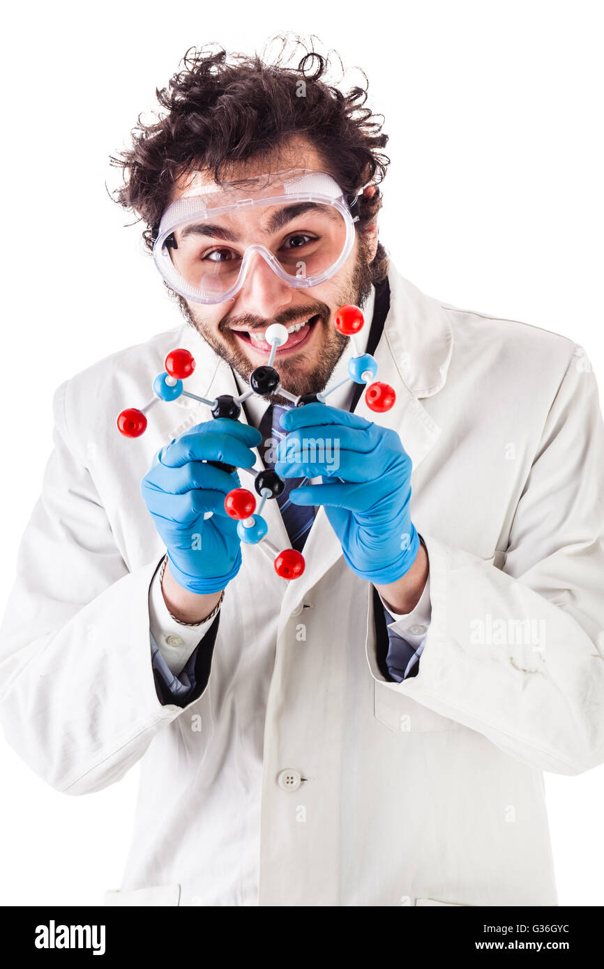 a doctor or researcher with a white lab coat holding a trinitrotoluene tnt molecular model isolated over white Stock Photo