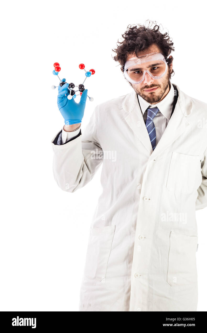 a doctor or researcher with a white lab coat holding a trinitrotoluene tnt molecular model isolated over white Stock Photo