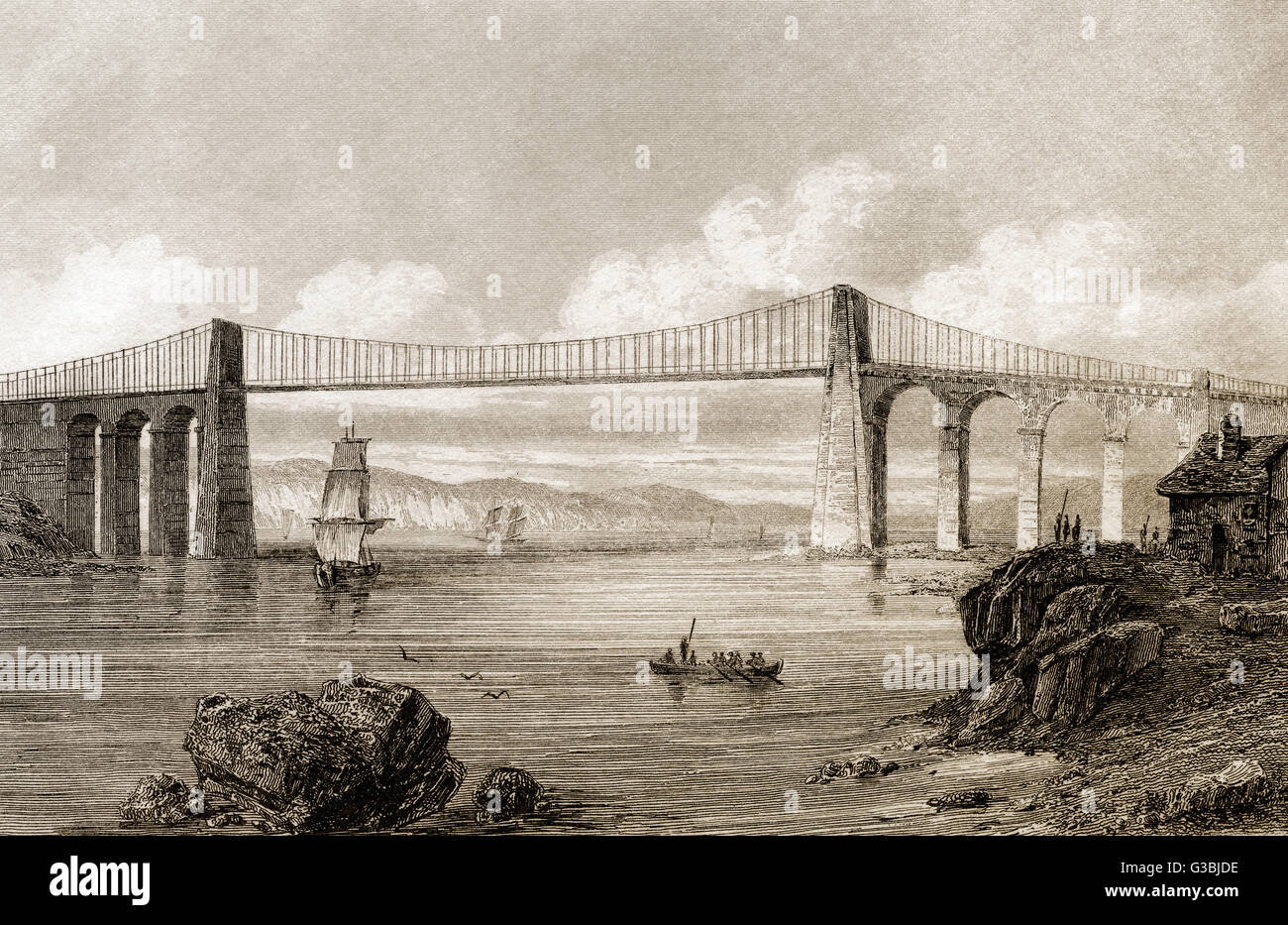 The Menai Suspension Bridge, Wales, England, 19th century Stock Photo