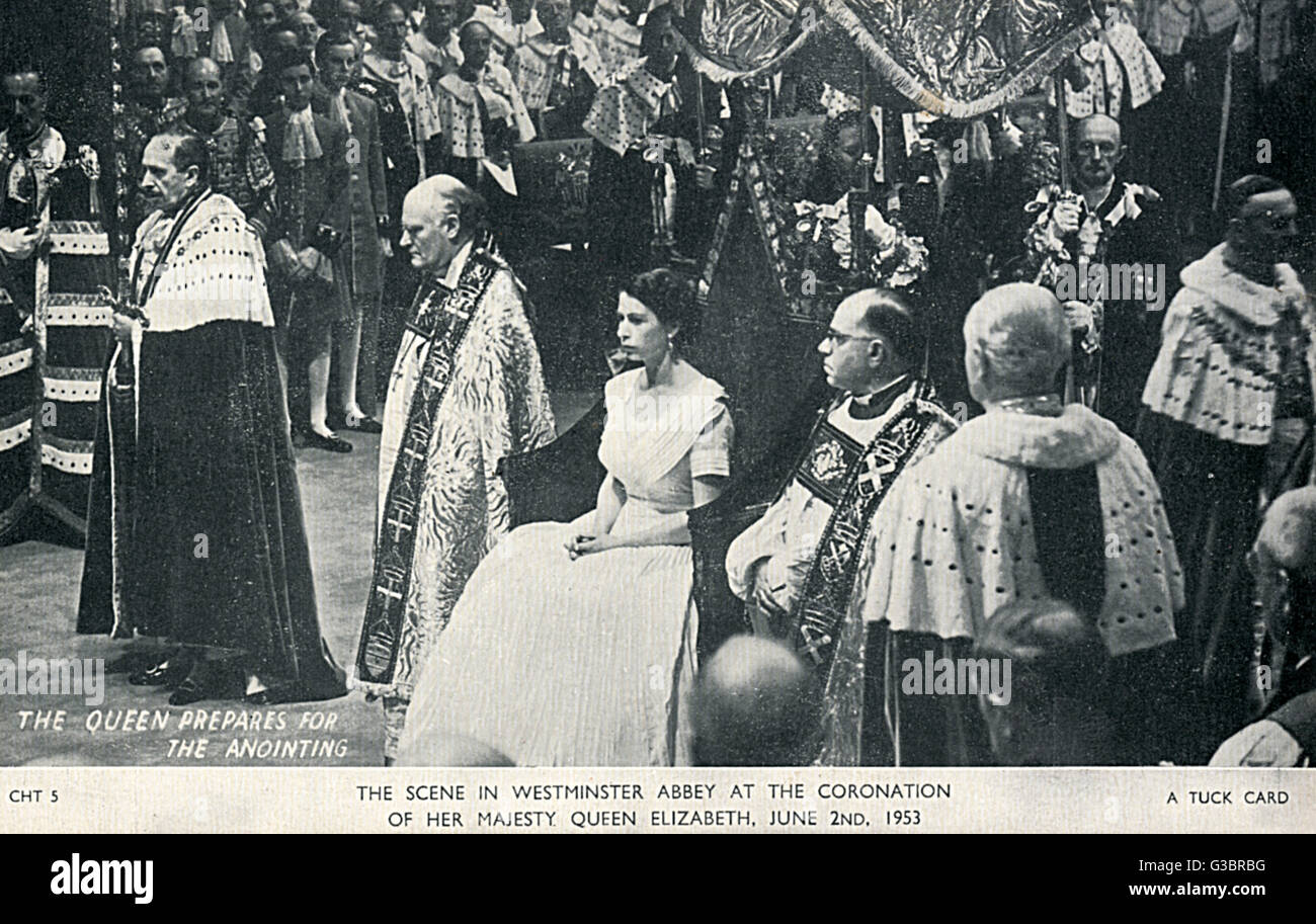 The Coronation of Queen Elizabeth II at Westminster Abbey on 2nd June 1953. The Queen prepares for the anointing. To the Queens right is Bishop of Durham Arthur Michael Ramsey, and to her left is the Bishop of Bath and Wells Harold William Bradfield. Stock Photo