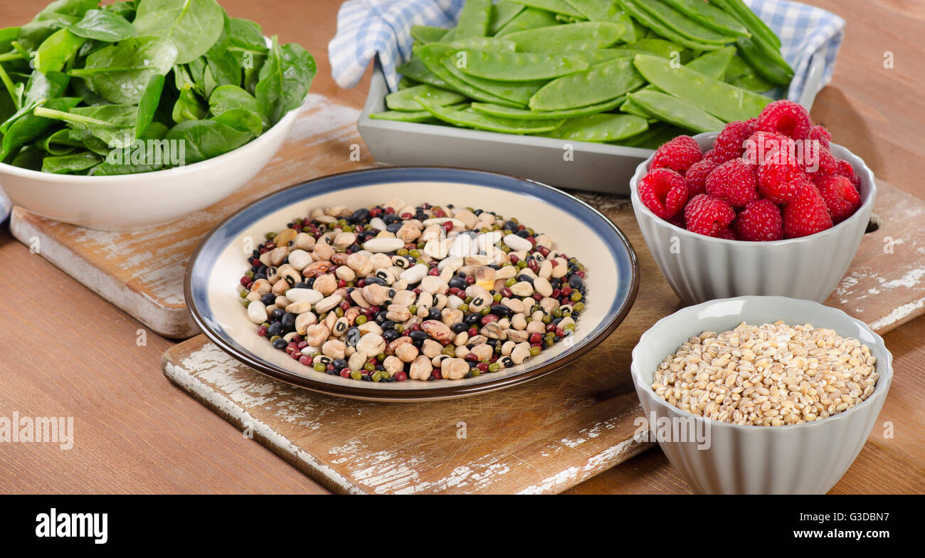 High Fiber Foods on wooden background. Selective focus Stock Photo