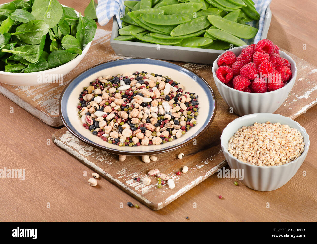 High Fiber Foods on wooden board. Stock Photo