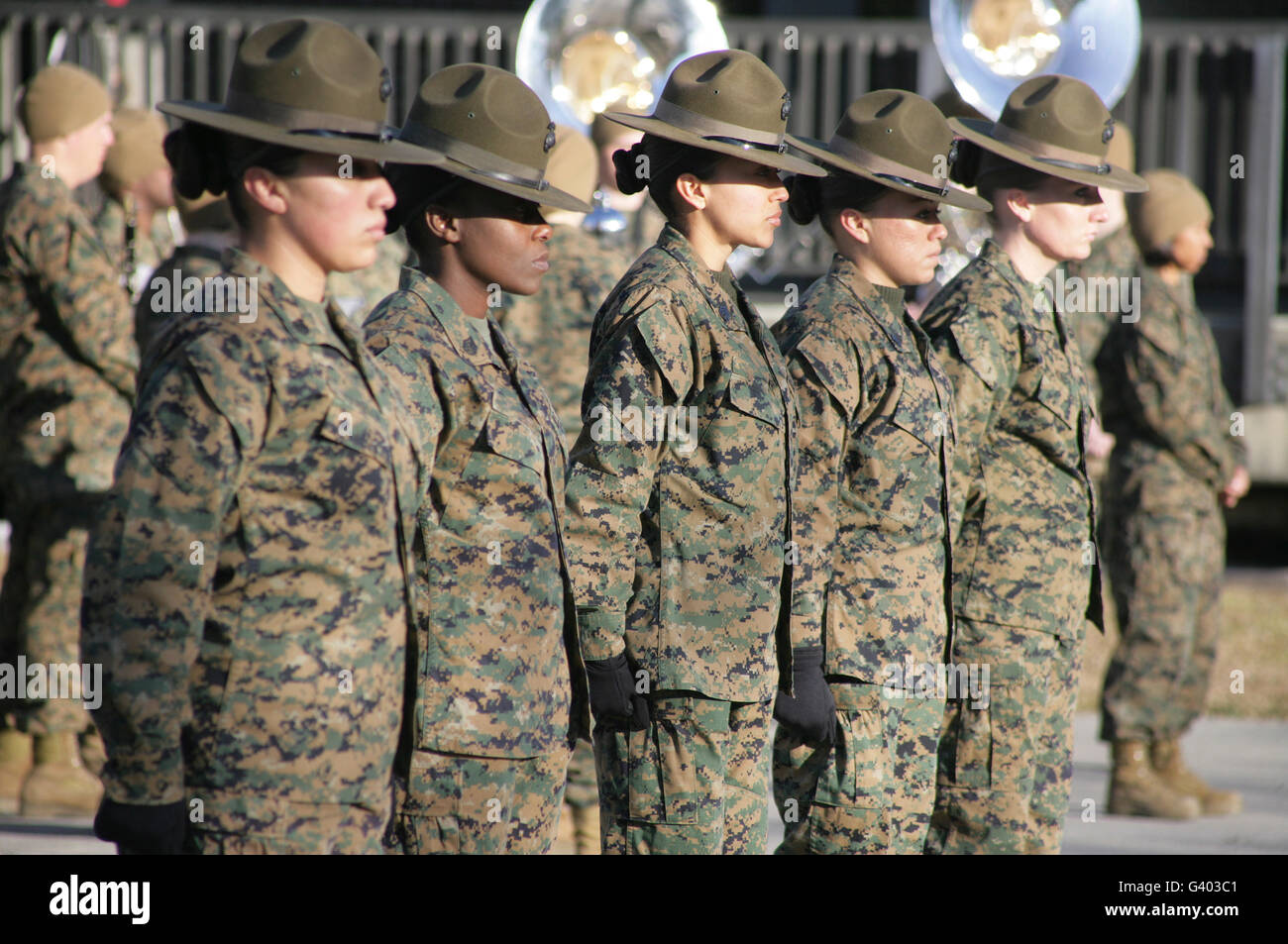 U.S. Marine Corps female drill instructors stand at parade rest. Stock Photo