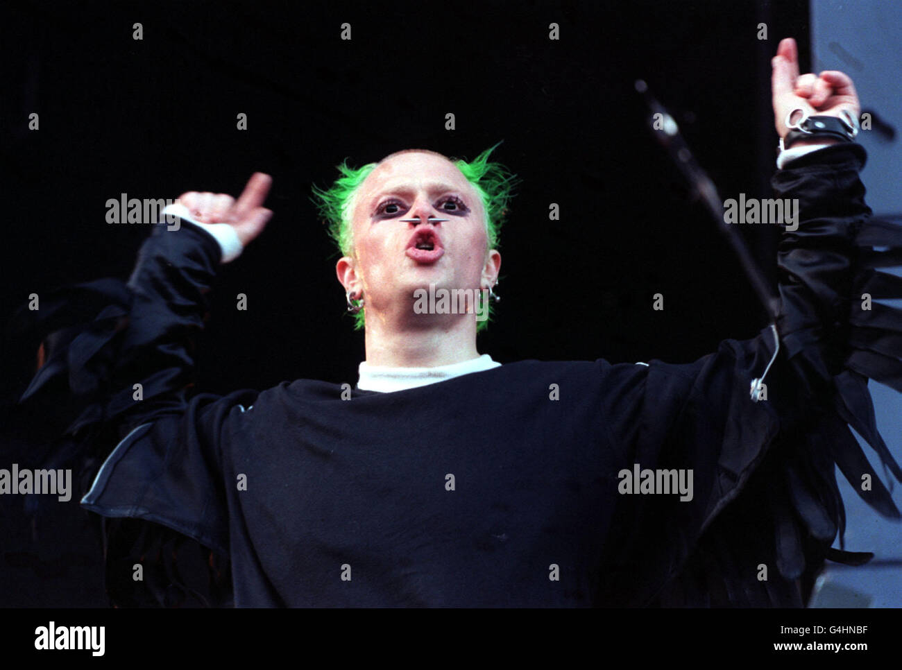 Keith Flint of the band 'Prodigy' performs on stage at the Oasis Knebworth Park Concert. Stock Photo