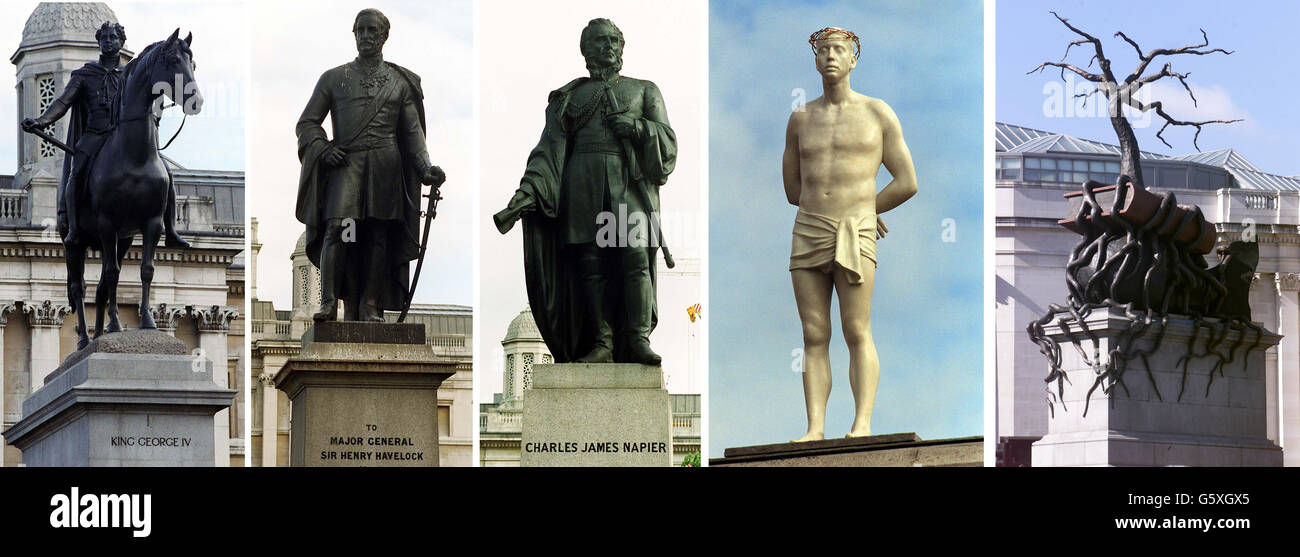 Composite picture of the three permanent statues at Trafalgar Square, from left; King George IV, Major General Sir Henry Havelock and Charles James Napier. They were joined by a waxwork of England soccer star David Beckham, placed there by Madame Tussaud's. * But the chance of him remaining there permanently is slim, after a spokesman for the Greater London Authority confirmed the plinth will continue to be used for art works for the immediate future. Others items that have been placed on the empty plinth include Ecce Homo (second right), and an 11 ton bronze work (right) by sculptor Bill Stock Photo