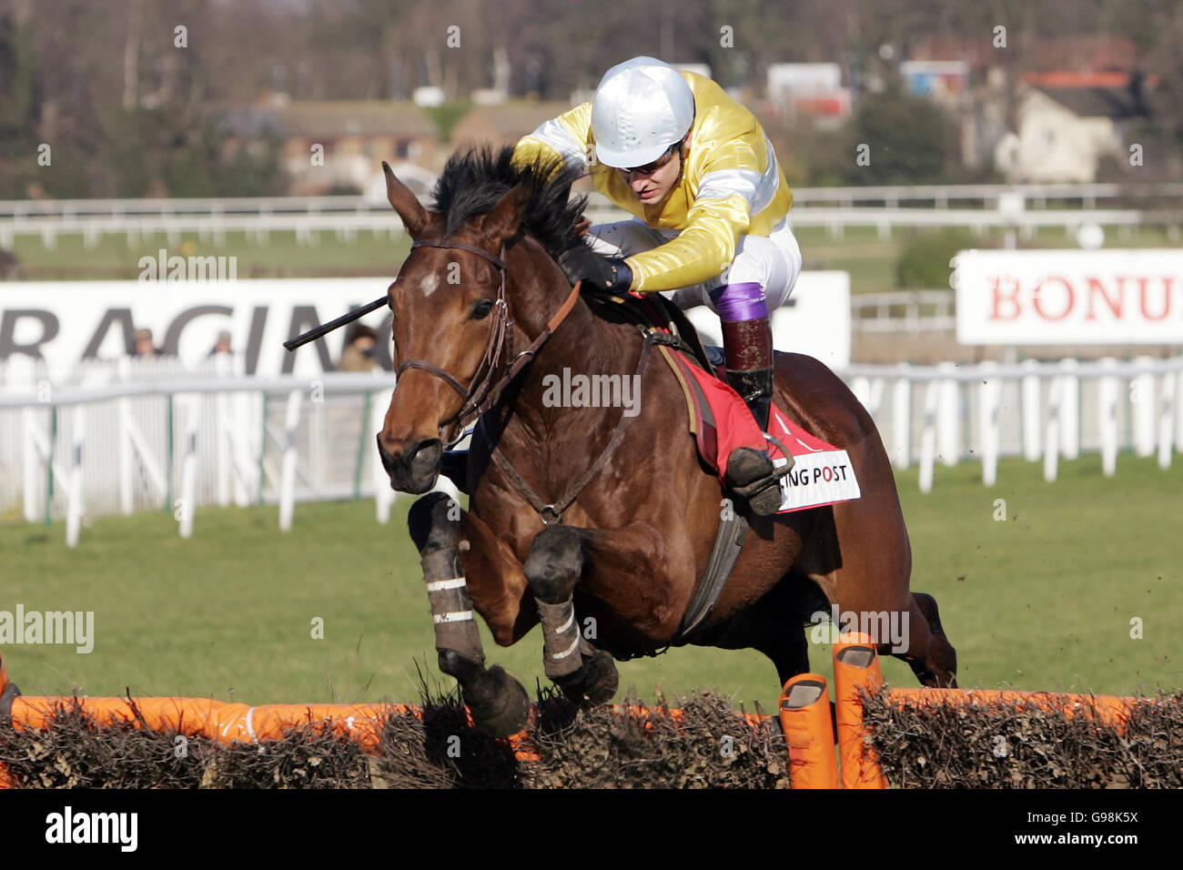 Kasbah Bliss, ridden by A. Duchene during the RP Sport No1 for Sports Betting Adonis Juvenille Novice's Hurdle Race. Sandown Park, Surrey. UK. 25/2/06. Stock Photo