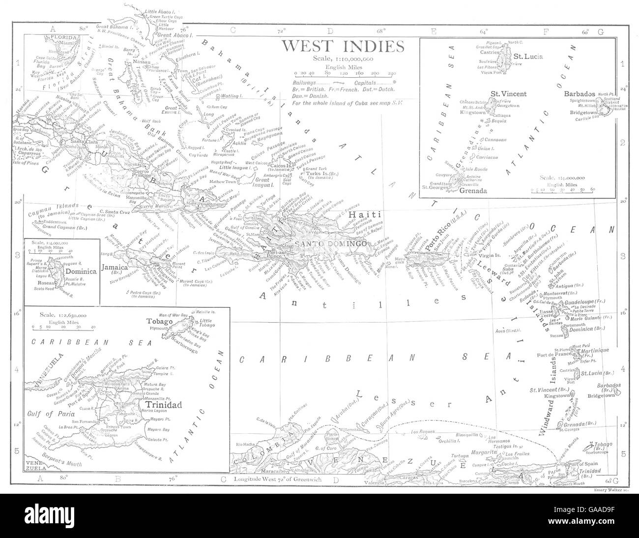 WEST INDIES:Caribbean Inset Barbados Dominica Trinidad St Lucia Grenada 1910 map Stock Photo