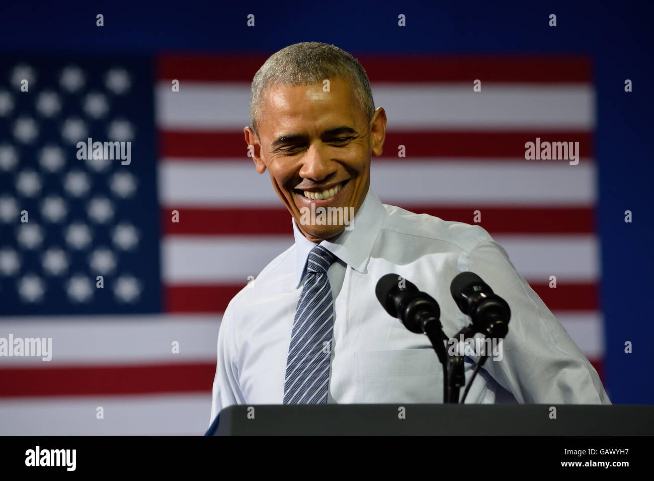 Charlotte, NC, USA. 5th July, 2016. A portrait of US President Barack Obama smiles as he delivers a speech at a campaign rally at the Charlotte Convention Center. Credit:  Evan El-Amin/Alamy Live News Stock Photo