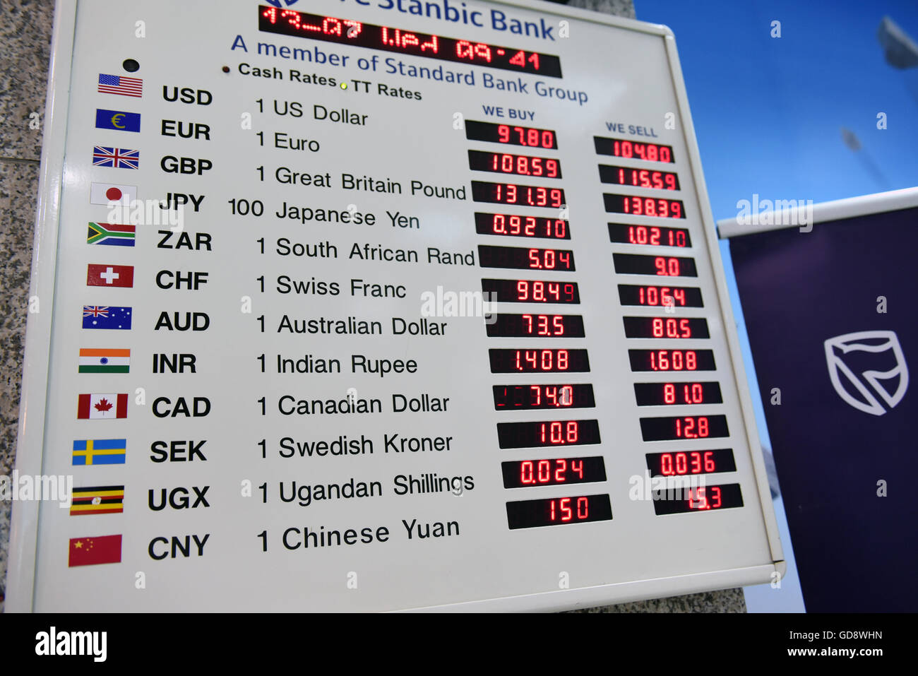 Nairobi. 13th July, 2016. Photo taken on July 13, 2016 shows the exchange rate of Chinese currency RMB and Kenyan Shilling at the headquarter of Kenya's CFC Stanbic Bank in Nairobi, capital of Kenya. Kenya's CFC Stanbic Bank on Wednesday became the first bank in the country to avail the Chinese currency, yuan, at its branches to facilitate trade between China and Kenya. © Li Baishun/Xinhua/Alamy Live News Stock Photo